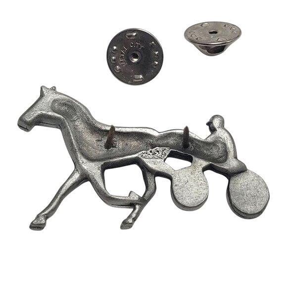 Vintage Pewter Horse Harness Racing Pin Brooch With Dual Clutch Back Fasteners - Picture 8 of 8
